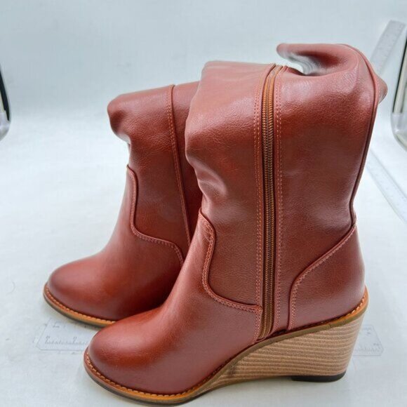 FSJ Women Side Zipper Wedge High Heel Point Toe Fancy Pull On Ladies Boot Maroon - Picture 4 of 8